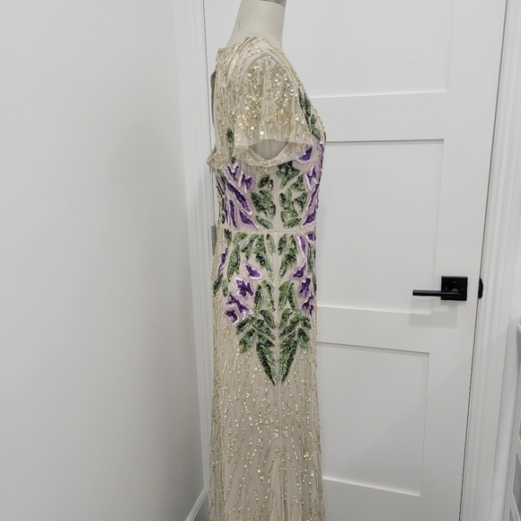 Adrianna Papell Floral Beaded Sweetheart Neck Cap Sleeves Shealth Long Gown 12 - Picture 7 of 16